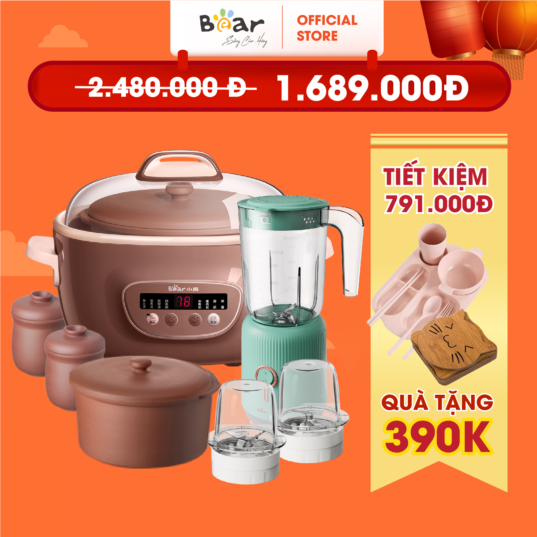 Combo Nồi Nấu Chậm Bear 2,5L Thố Đất Tử Sa Cao Cấp Nấu Cháo