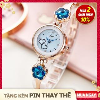 [ShorNo s shop] Đồng hồ nữ JW kiểu dáng thời trang, dây kim loại, đính đá hình hoa mai xanh biếc, kiểu lắc tay nhỏ nhắn, màu gold silver thumbnail