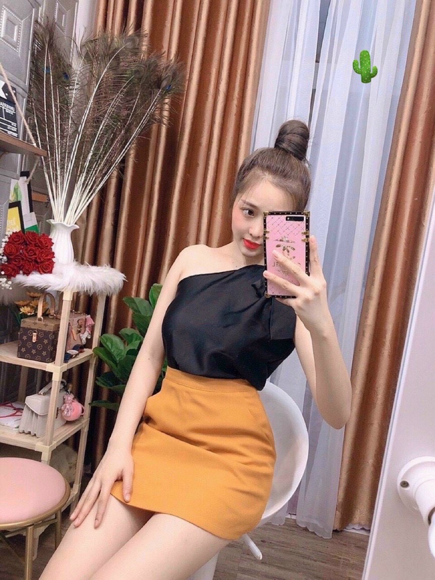 [Ảnh thật cuối] Áo phi lụa lệch hở vai đính nơ cực xinh MC - dạo phố