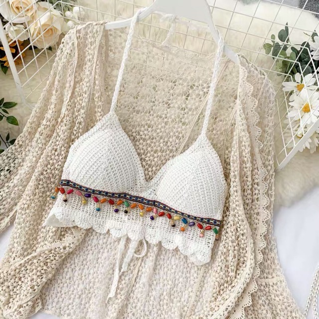 Áo bra đan móc tua rua ngọc