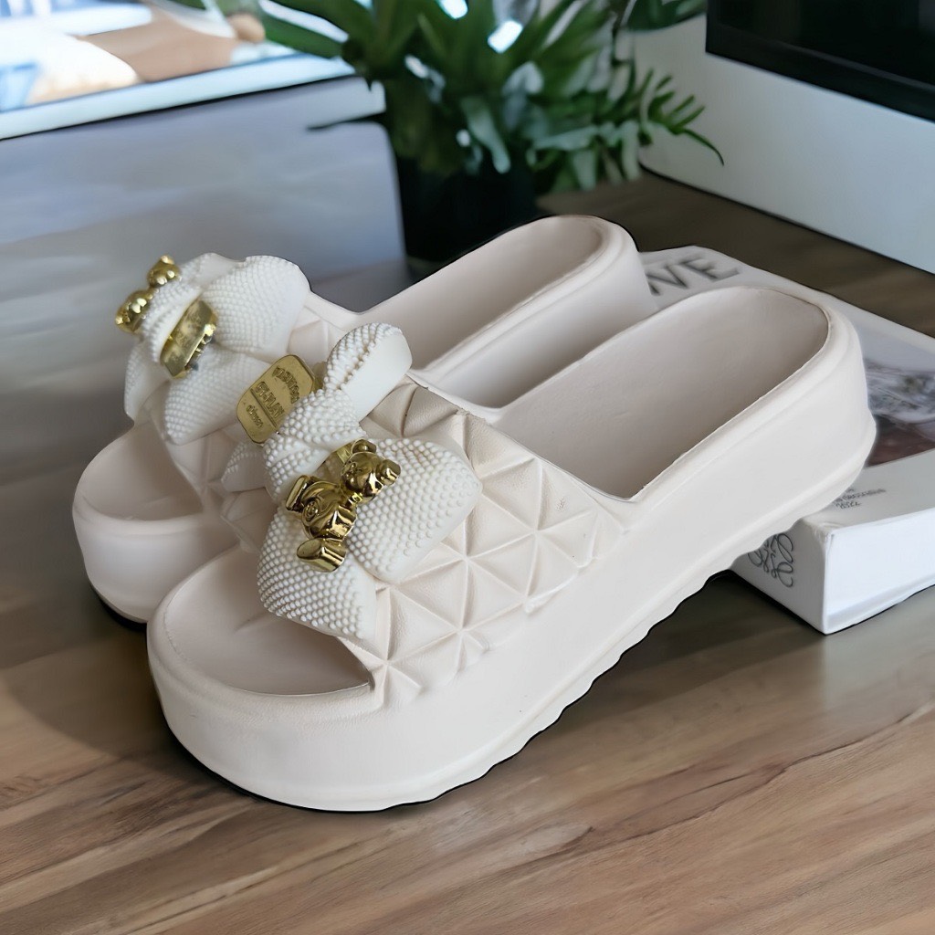 Dép nữ quai ngang đế cao 5 cm đính Nơ Gấu xinh xắn thời trang Form nhỏ Tăng 1 size