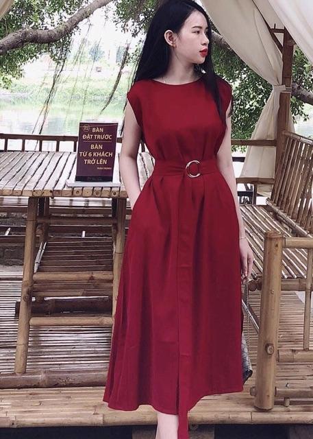[HCM]Đầm đỏ suông dài kèm belt