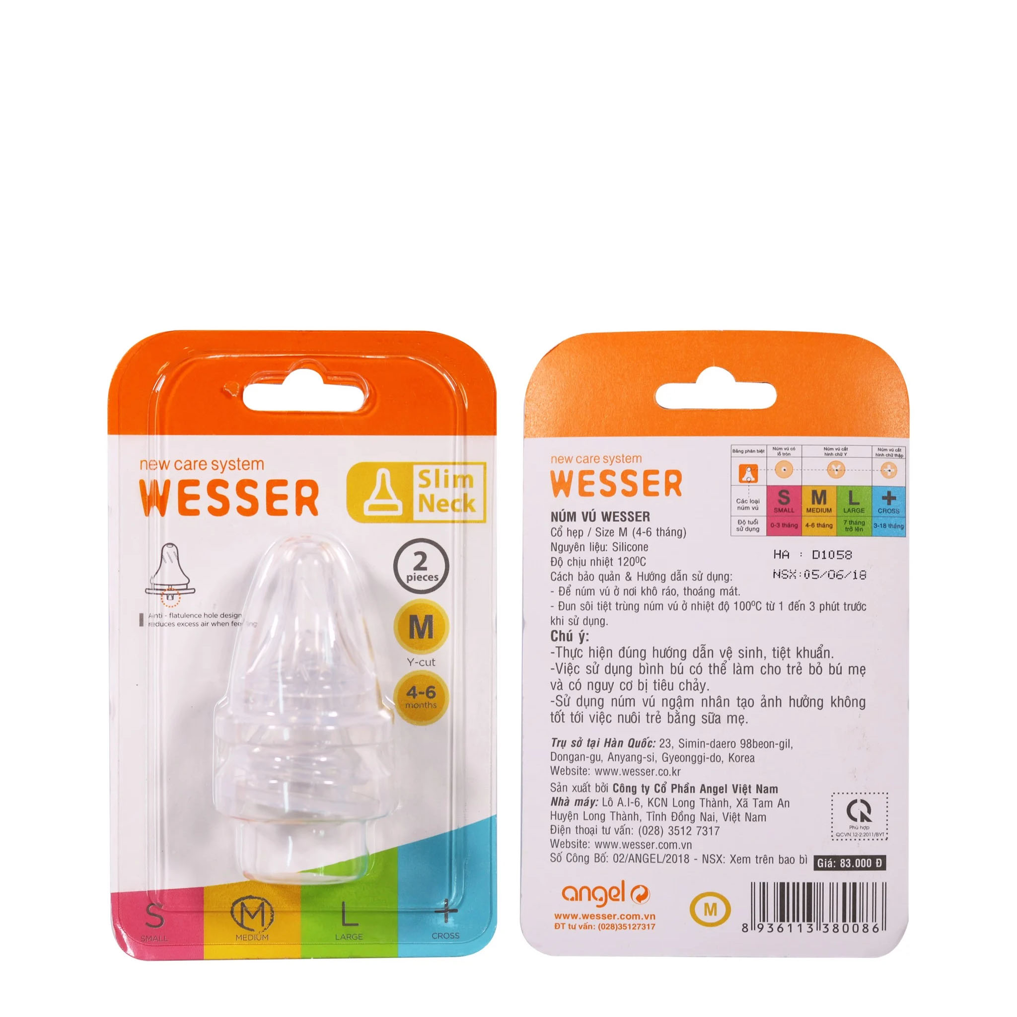Bộ Đôi Núm Vú Wesser Cổ Nhỏ Size M (Cho trẻ 4~6 tháng tuổi)