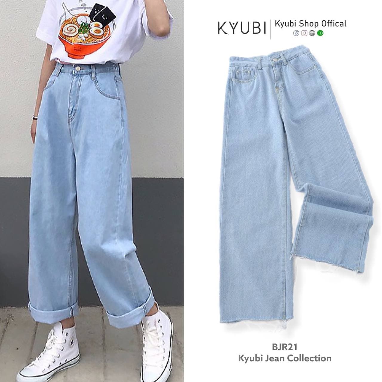 Quần jeans baggy nữ ống rộng lai tua cá tính - kyubi bjr21