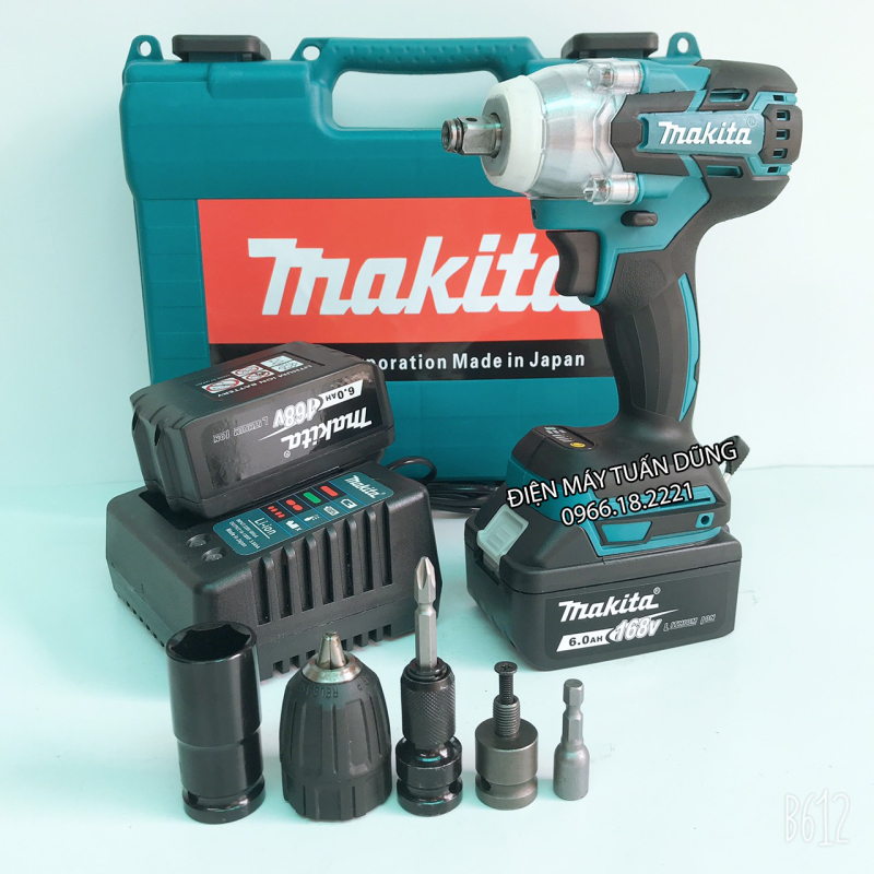 Máy siết bulong pin Makita 168V - 6Ah Lực siết 500Nm kHÔNG CHỔI THAN KÈM BỘ ĐẦU CHUYỂN ĐỔI