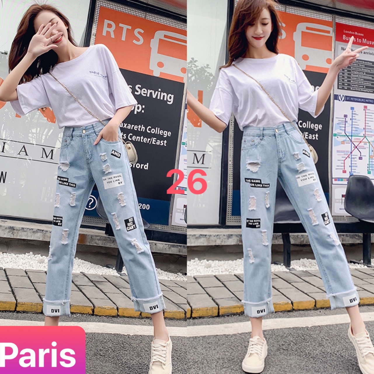 QUẦN BAGGY JEAN NỮ CHẤT BÒ XANH IN CHỮ RÁCH NHẬT BẢN LƯNG CAO NÂNG MÔNG HÀN QUỐC ULZZANG PR-26 CAO CẤP - PARIS FASHION MỚI