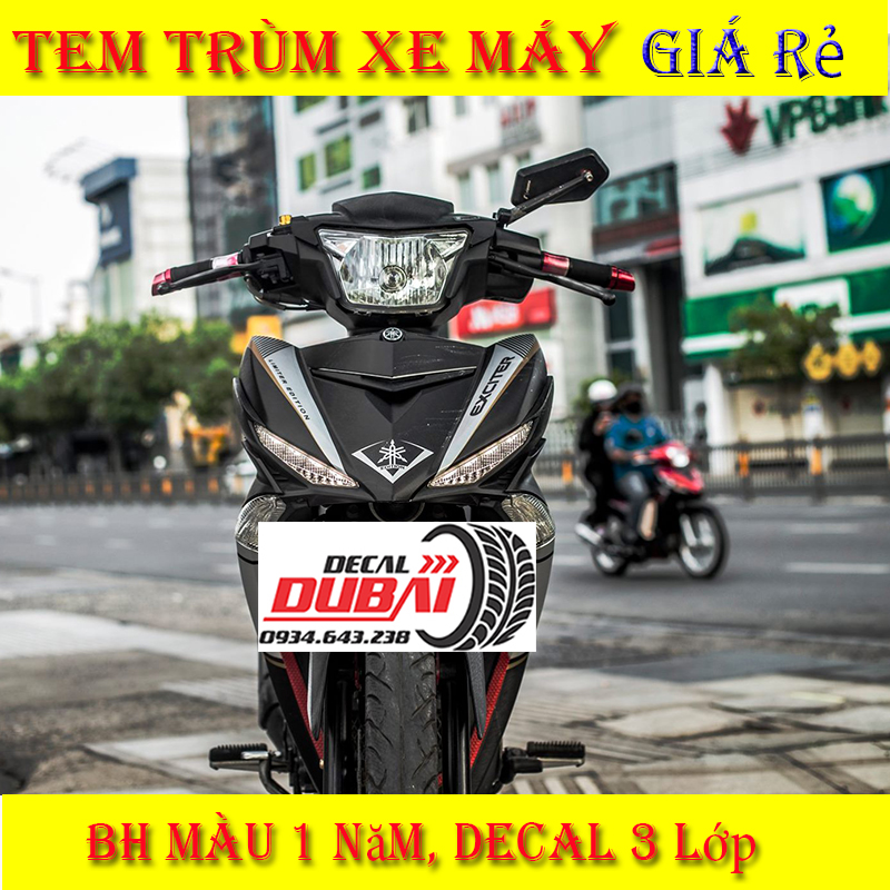 Tem Trùm Xe Exciter 150 Đen Nhám Viền Đồng