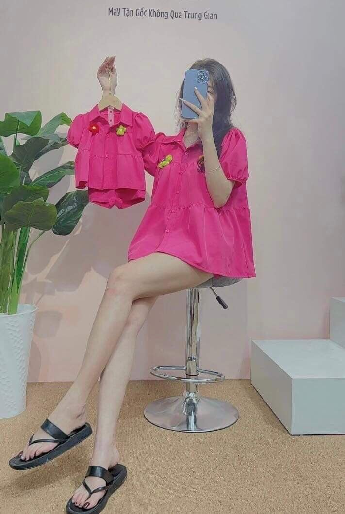 Đồ Đôi Mẹ Bé, Set Mẹ Bé Hồng Siêu Cưng