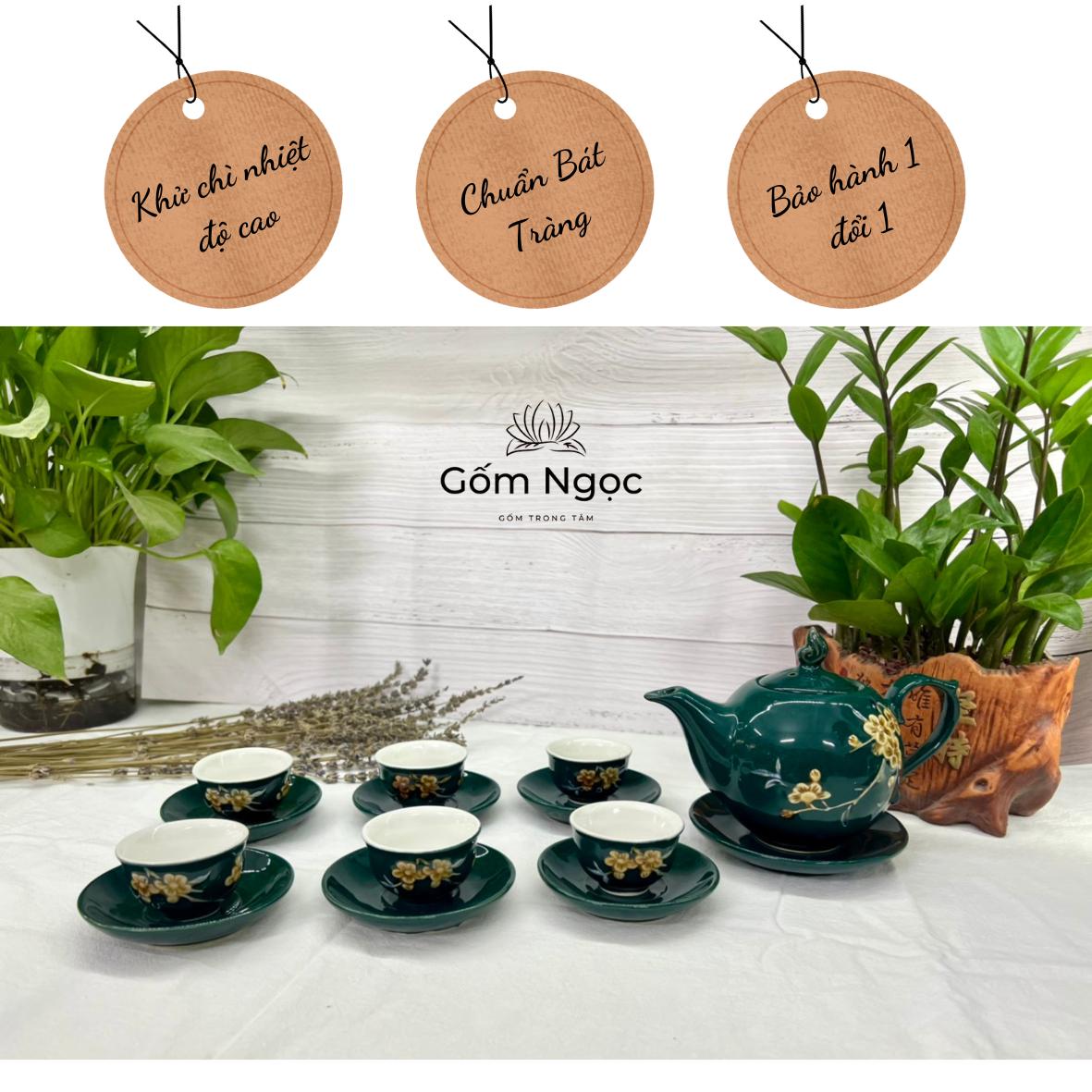 Ấm chén ấm tách  pha trà hoa đào Bát Tràng gốm cao cấp.