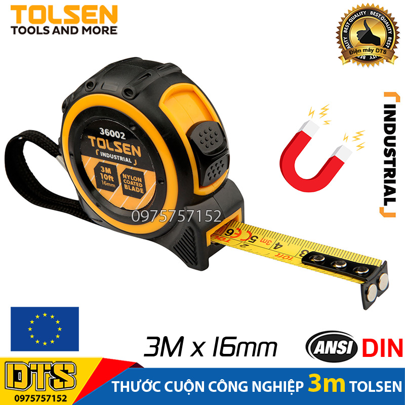 Thước rút, thước cuộn thép công nghiệp TOLSEN 3m tích hợp nam châm cực mạnh, vỏ bọc cao su cao cấp chống sốc, chống va đập, độ chính xác cao MID lớp 2 - Tiêu chuẩn xuất khẩu châu Âu, thuoc cuon, thuoc rut, thước cuộn công trình