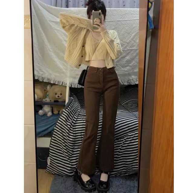 QUẦN JEAN NỮ CHẤT BÒ NÂU ỐNG LOE BASS LƯNG CAO NÂNG MÔNG SIÊU HOT NHẬT BẢN CAO CẤP