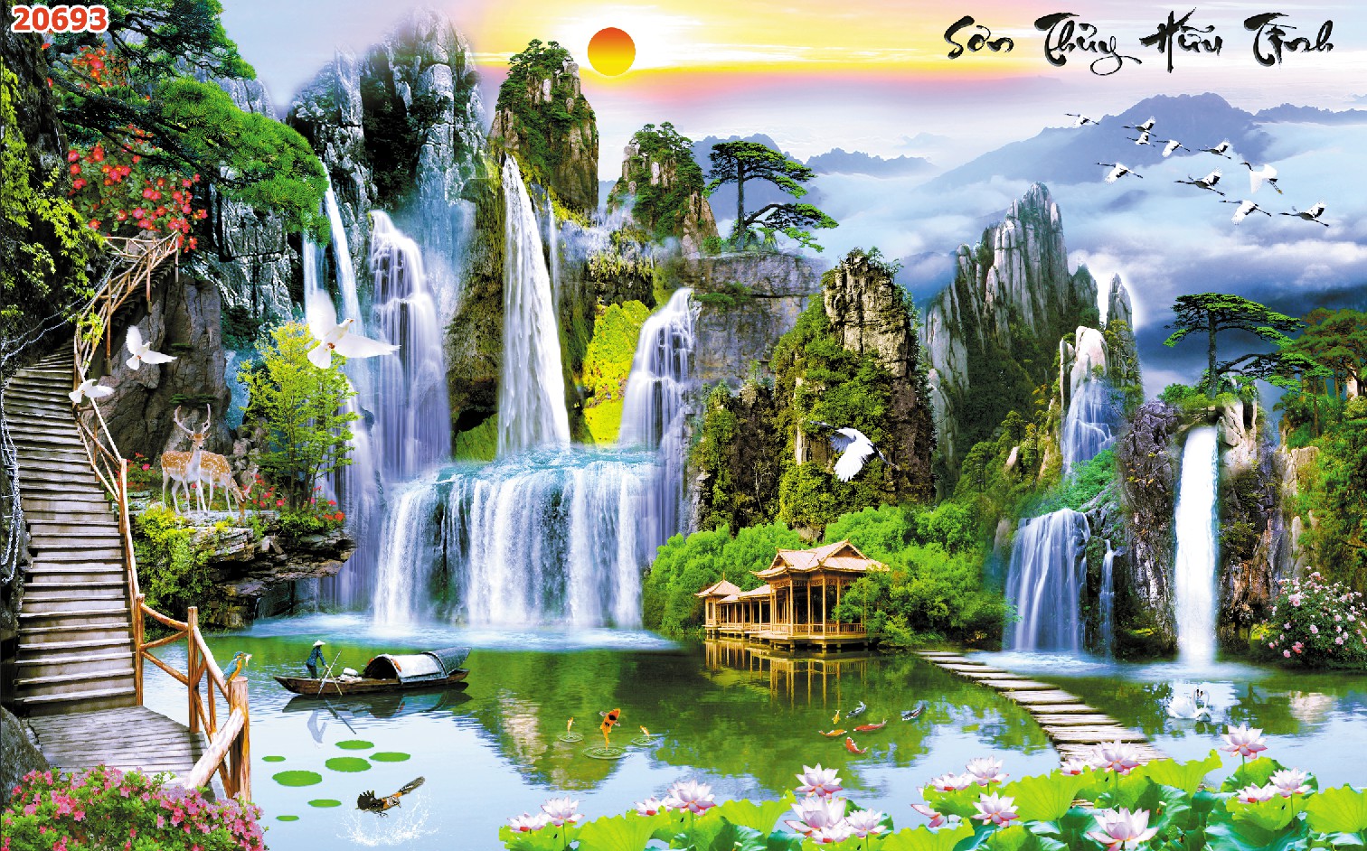 Tranh dán tường 3D Phòng Khách Sơn Thủy Hữu Tình, 291( Đã tích hợp sẵn keo)