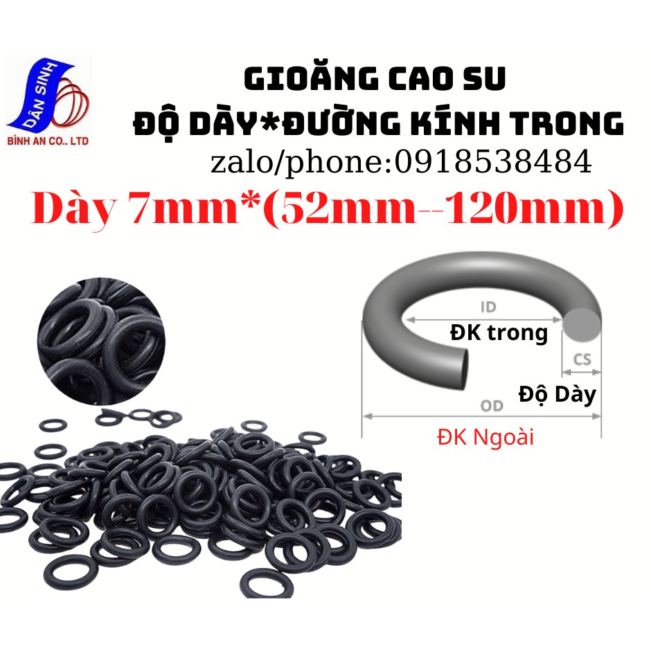 Dày 7mm * (52mm đến 120mm Đường kính trong) Gioăng cao su NBR70