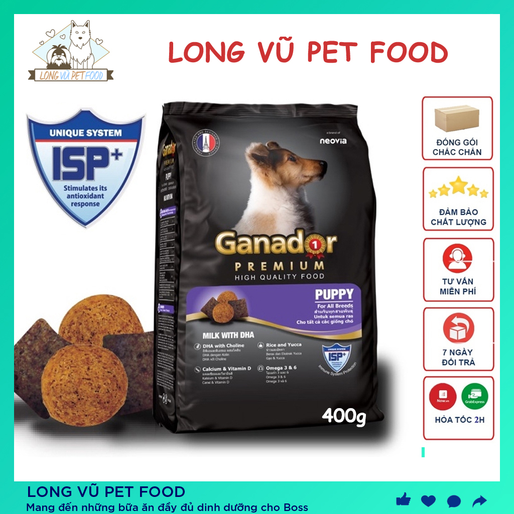 Thức ăn cho chó con Ganador puppy gói 400g vị Sữa và DHA - Hạt cho chó con dưới 1 tuổi - Long Vũ Pet Food
