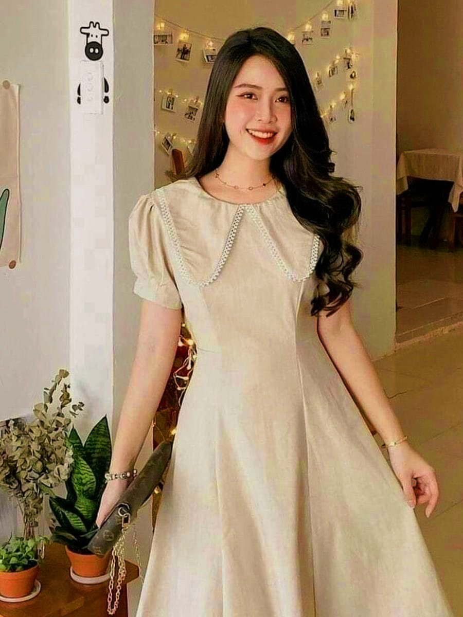 Đầm cổ bèo viền ren 2 màu