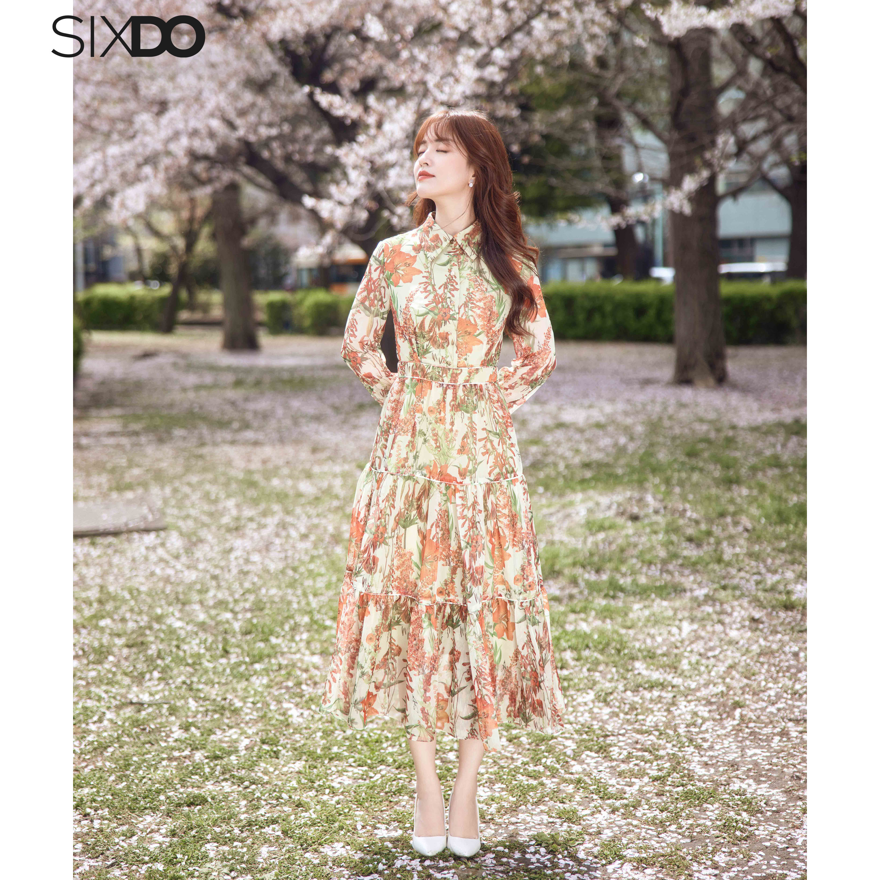 Đầm sơ mi voan hoa dài tay sixdo
