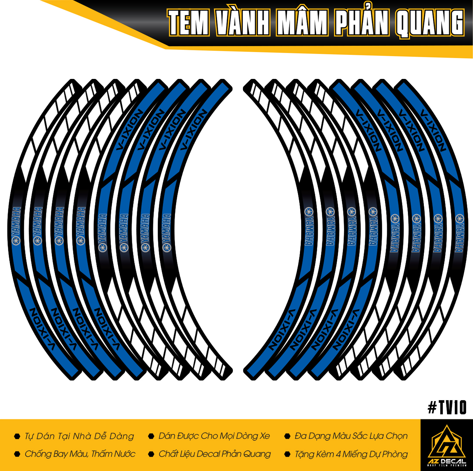 Tem Vành Phản Quang Dán Xe Yamaha Mẫu V-IXION | TV10 | Decal Dán Vành Xe Chống Thấm Nước, Chống Bay Màu | Azdecal