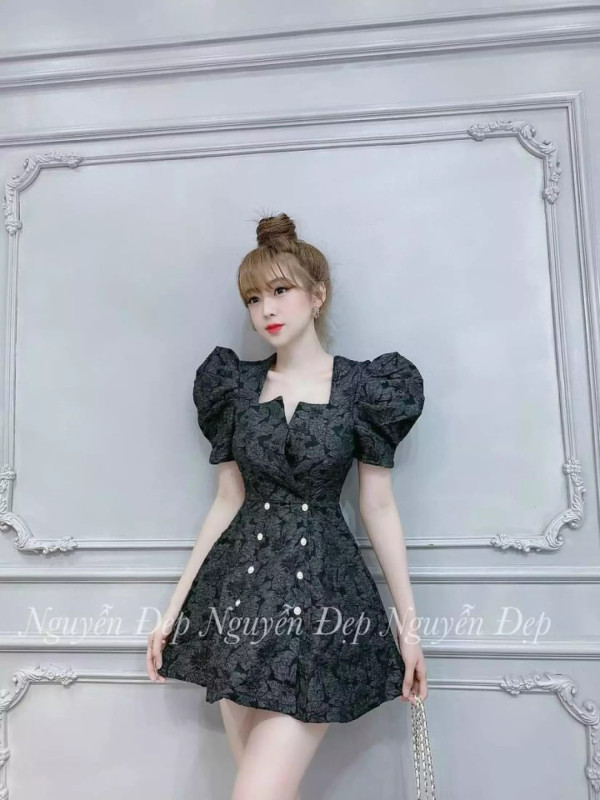 Nơi bán SÊU HOT Đầm Dự Tiệc GẤM CAO CẤP Phối TAY NHÚN ĐINH NÚT