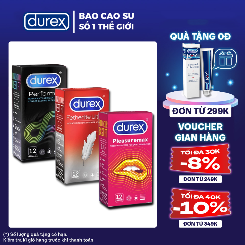 3 Hộp Bao cao su nam nữ Durex Pleasuremax gân gai + Performa kéo dài  + Fetherlite Ultima siêu mỏng [Che tên SP 100%]