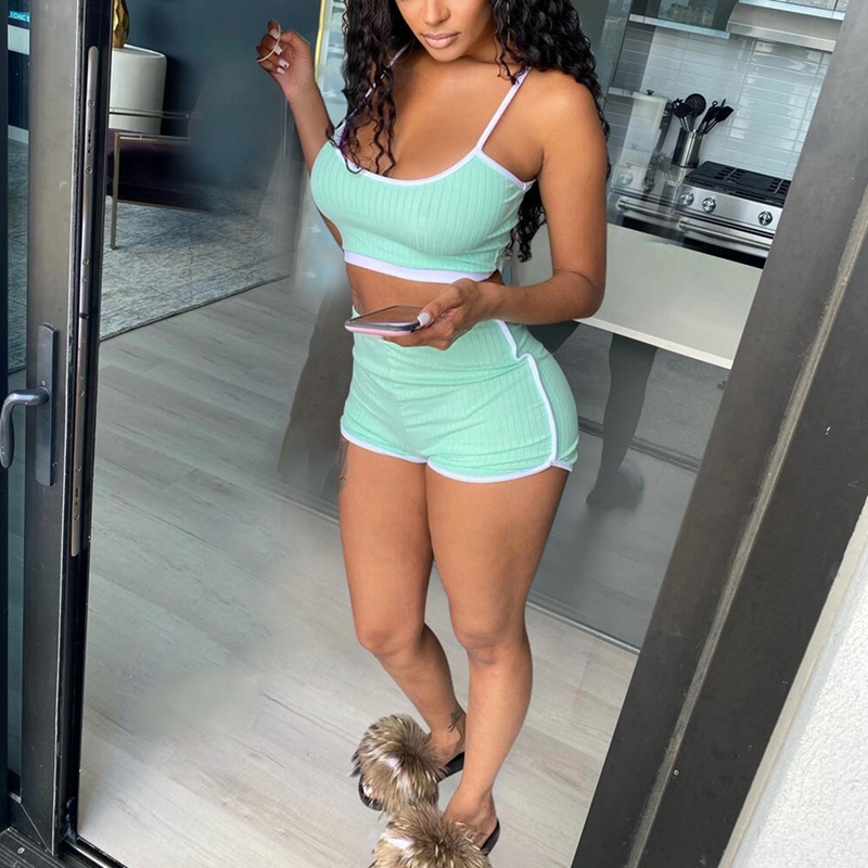 Rib Knitted 2 Piece Set for Women Sling Strap Backless Crop Top Shorts Suit Sexy Tracksuit Outfit