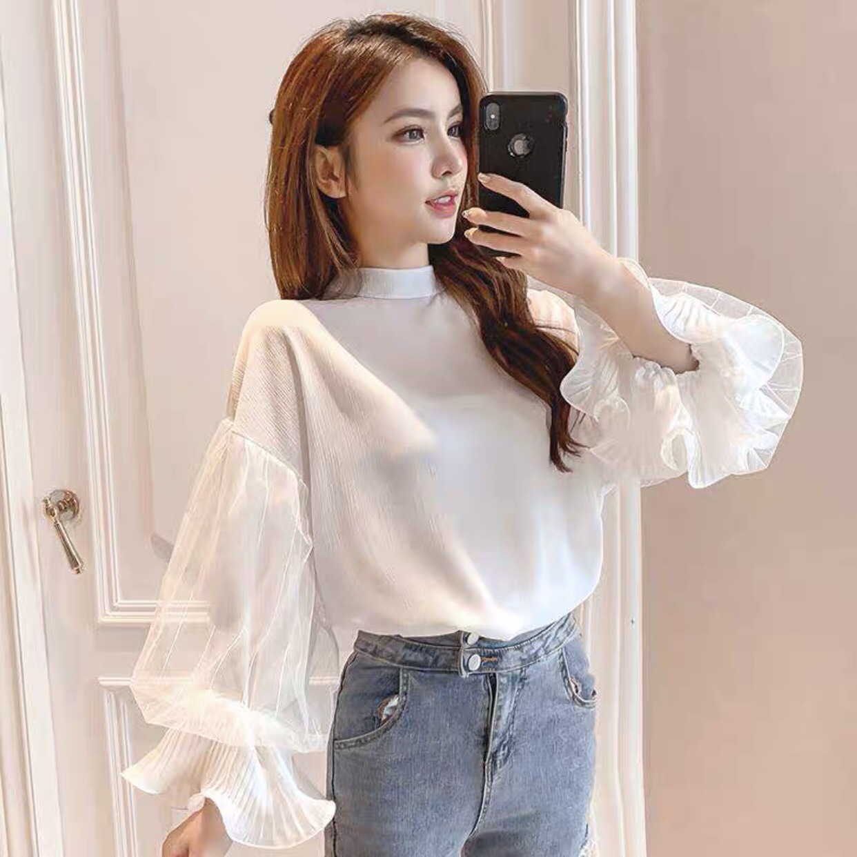 Áo voan lụa phối ren tay bồng