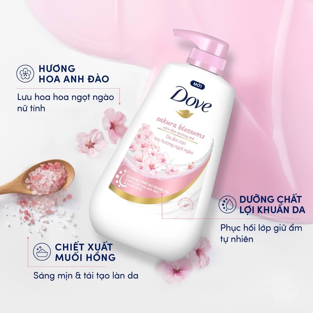 Sữa Tắm Dưỡng Thể Dove Chăm Da Mềm Mịn Tức Thì Với Dưỡng Chất Lợi Khuẩn Da #Chiết Xuất Hoa Anh Đào & Muối Hồng (900g)