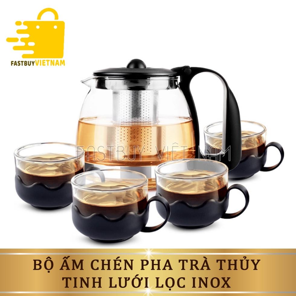 Bộ ấm pha trà thủy tinh lưới lọc inox cao cấp