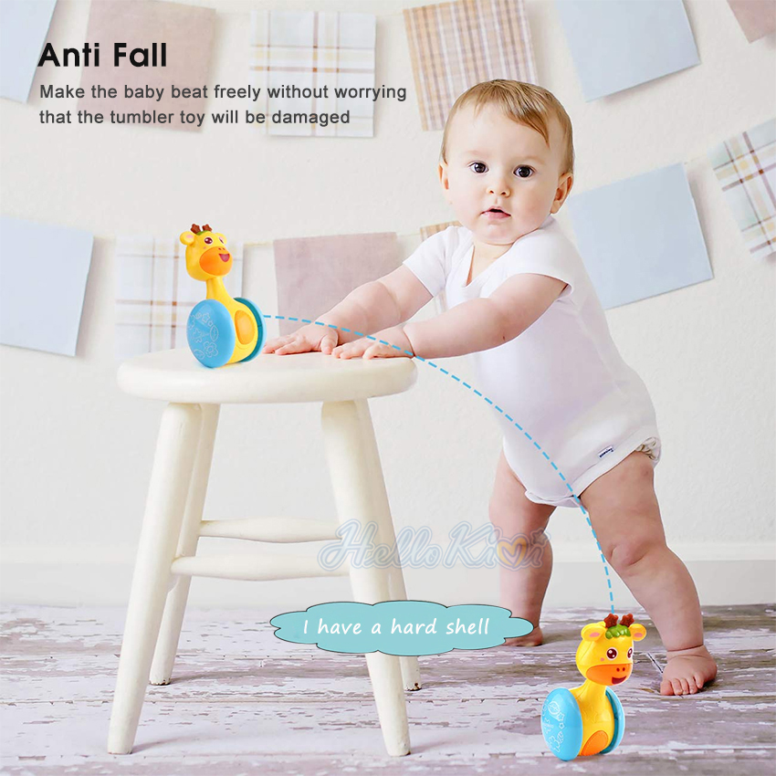 HelloKimi ChildrenCartoon Tumbler Doll Roly-poly Baby Toys Giraffe Tumbler Doll Early Learning Toy Toddler Musical Wobble Rattles Ring Bell Music Learning Educational Toy Cute Shape Toy for Kids