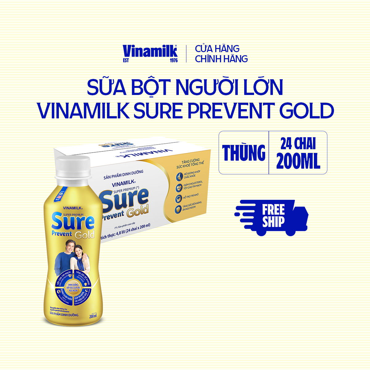 Thùng 24 chai Sữa bột pha sẵn cho người lớn tuổi Vinamilk Sure Prevent Gold 200ml - Sữa nước bổ sung