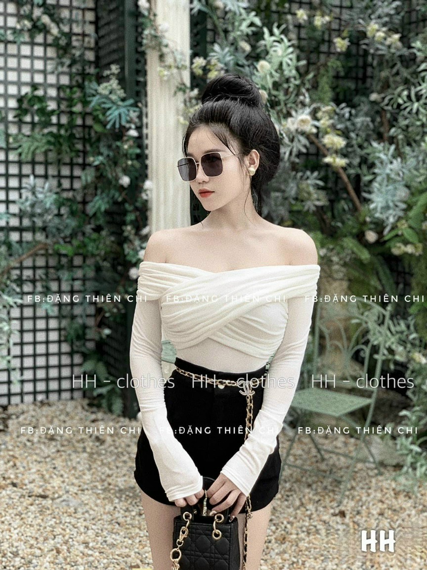 Áo thun nữ kiểu bẹt vai đáp chéo