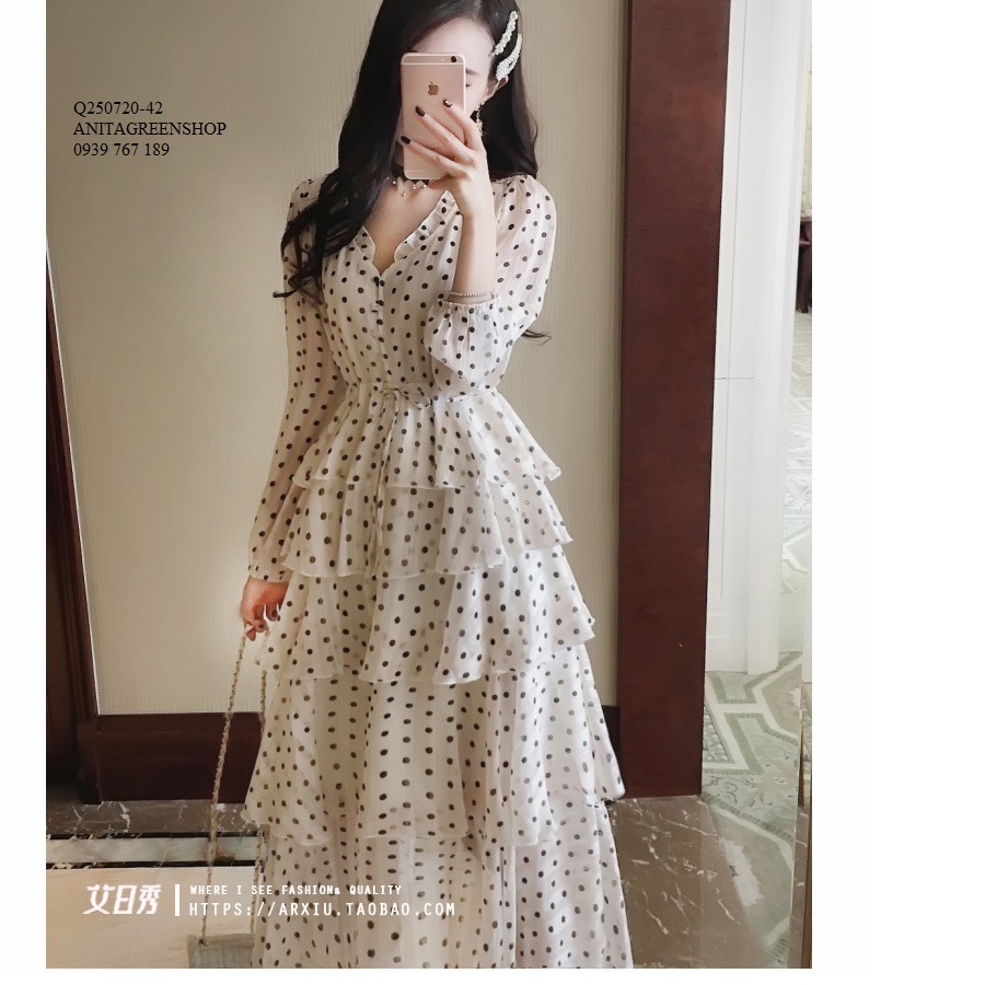 Q250720 đầm maxi chấm bi xếp tầng