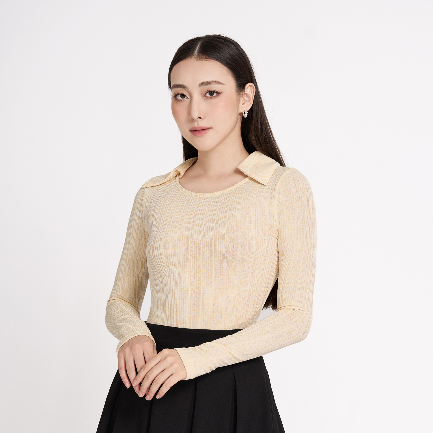 Áo ôm thun sọc phối lá cổ Maybi