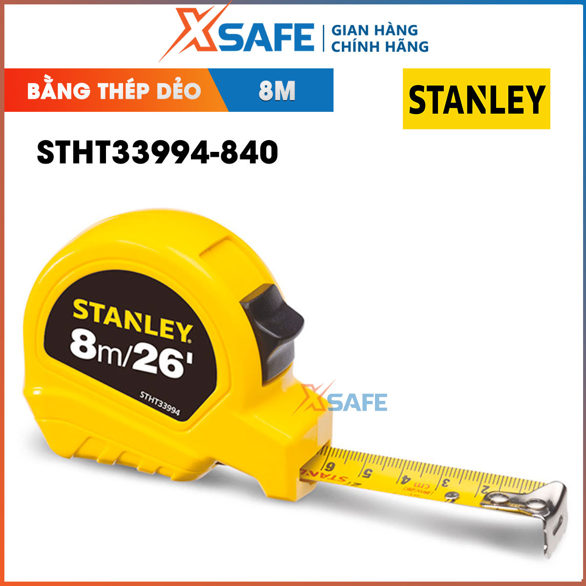 Thước cuộn 8m x 25mm Stanley STHT33994-840 lưỡi bằng thép dẻo Thước cuộn Stanley có vỏ được làm bằng nhựa ABS bọc cao su bền bỉ
