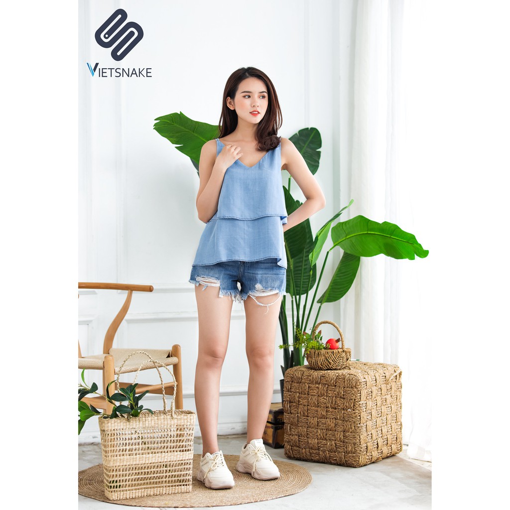 [KÈM ẢNH THẬT] Áo jeans lụa 2 dây bèo tầng