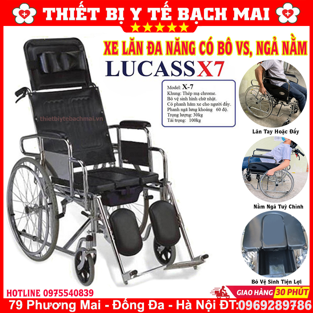 Xe Lăn Đa Năng LUCASS X7 Có Ngả Lưng, Mở Bô Vệ Sinh, 2 Tay Phanh An Toàn Cao Cấp