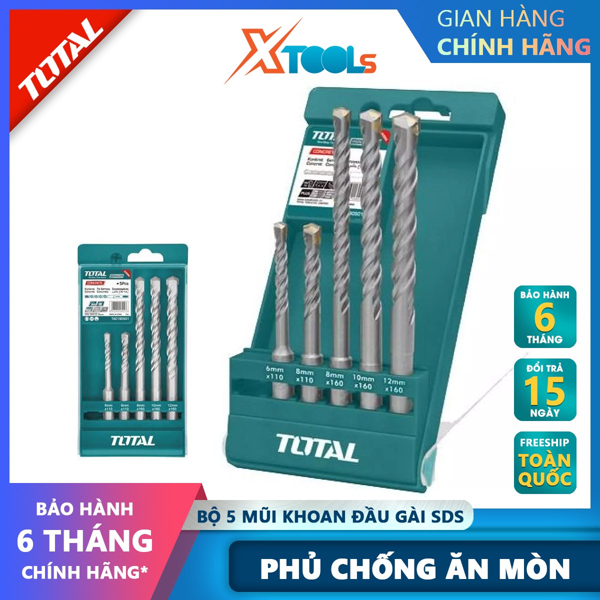 Total tac190501 set 5 pcs concrete drill bits 5 pcs plain tail drill bits 5x85, 6x100, 6.5x120, 8x120, 10x120 xtools