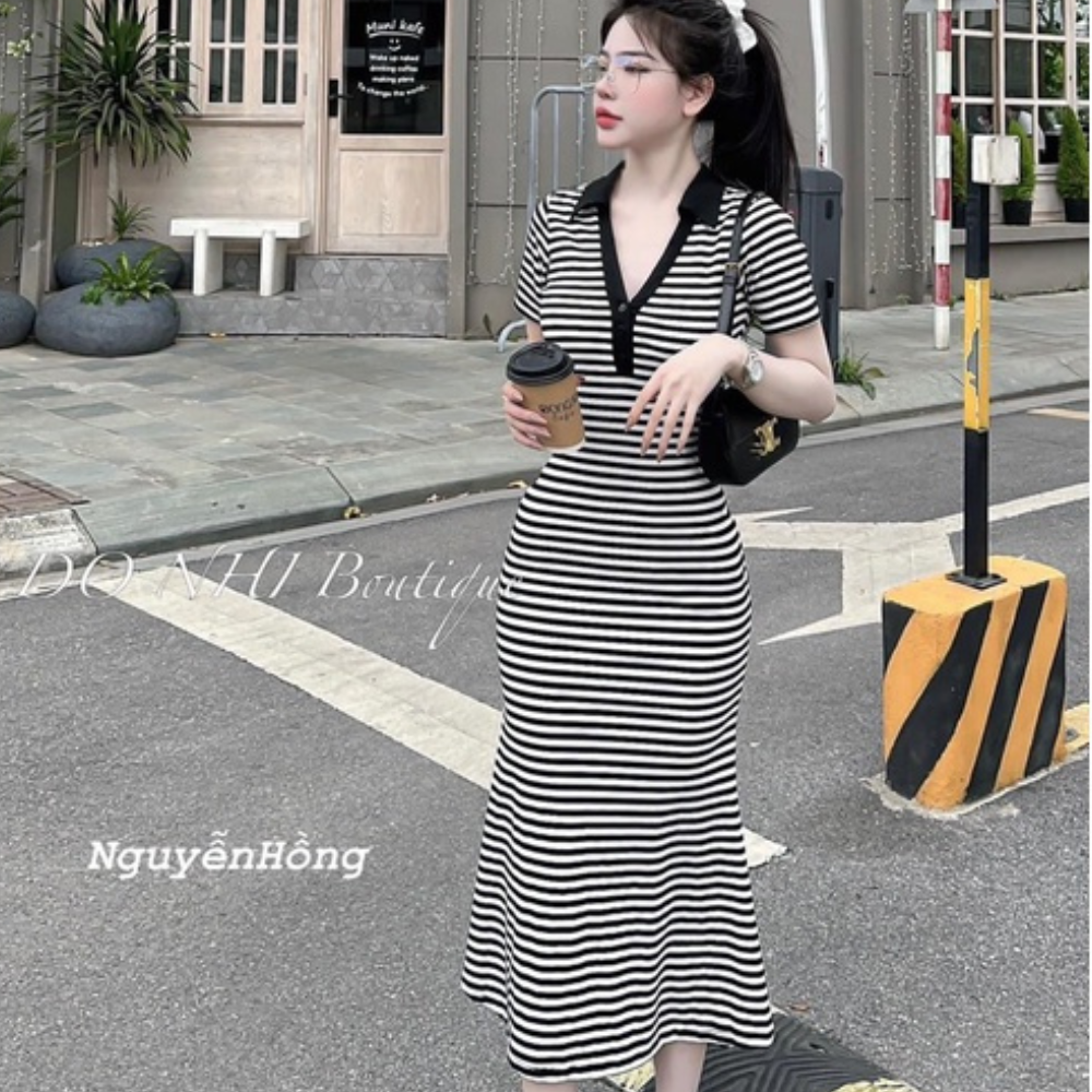 Váy body dáng dài đuôi cá cổ bẻ chất thun co dãn