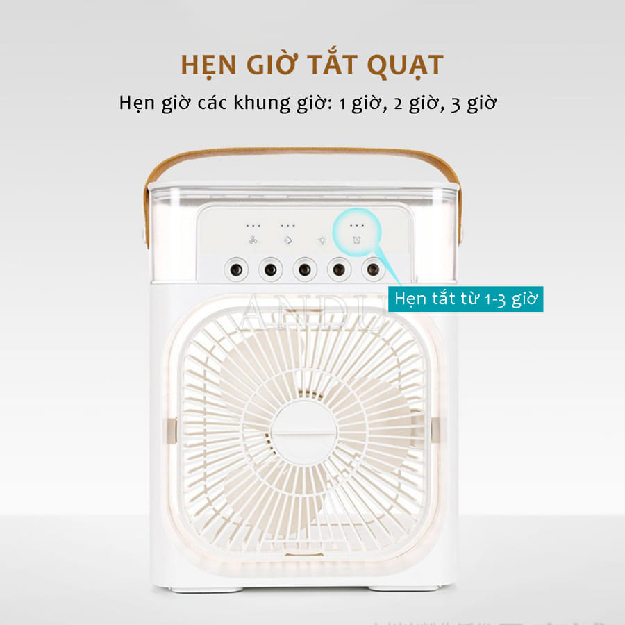Quạt Điều Hòa Phun Sương Hơi Nước Mini Để Bàn 3 Chế Độ Tích Hợp Led, Chế Độ Hẹn Giờ Sử Dụng Cổng Sạc USB Tiện Dụng