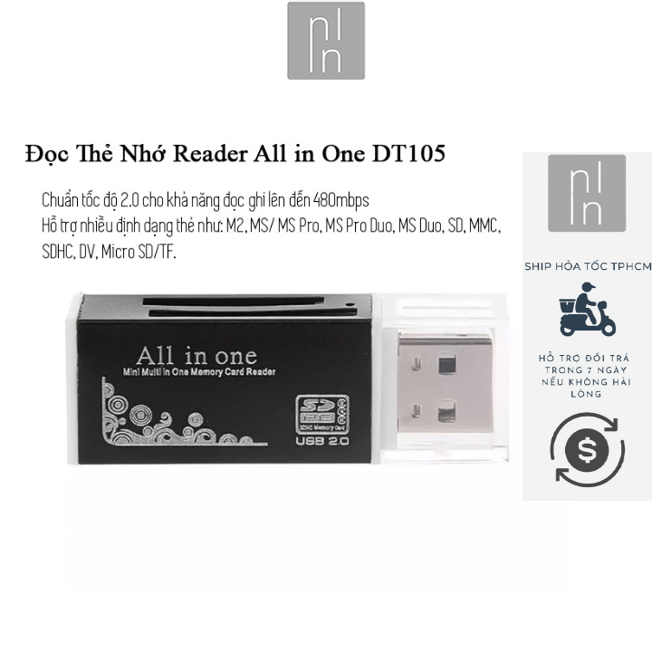 Đọc thẻ nhớ reader usb all in one dt105 hỗ trợ thẻ ms pro m2 microsd tf ms duo sd sdhc dtlshop