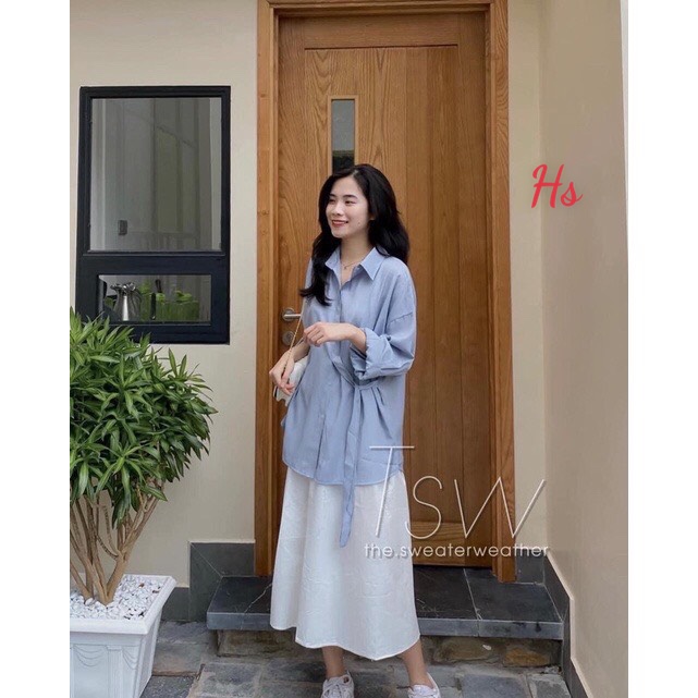 Áo Sơ Mi Buộc Nơ Eo Vải Đũi Lụa Trơn ,Có Dây Thắt Eo Tôn Dáng