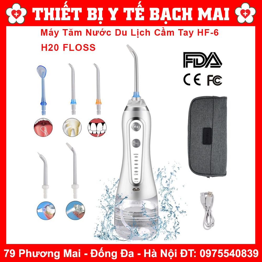 Máy Tăm Nước H20FLOSS HF-6, Tăm Nước Cầm Tay H2O Floss HF6 có 5 đầu tăm và túi du lịch bảo hành 12 tháng