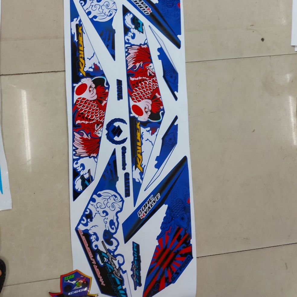 Tem xe satria- raider , tem rời mẫu cá chép dán xe màu xanh gp