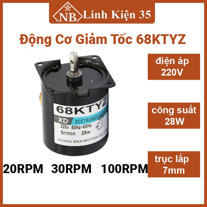 Động cơ giảm tốc 220vac 28w, motor 68ktyz trục 7mm chế máy quay thịt, máy công nghiệp tốc độ 20rpm/30rpm
