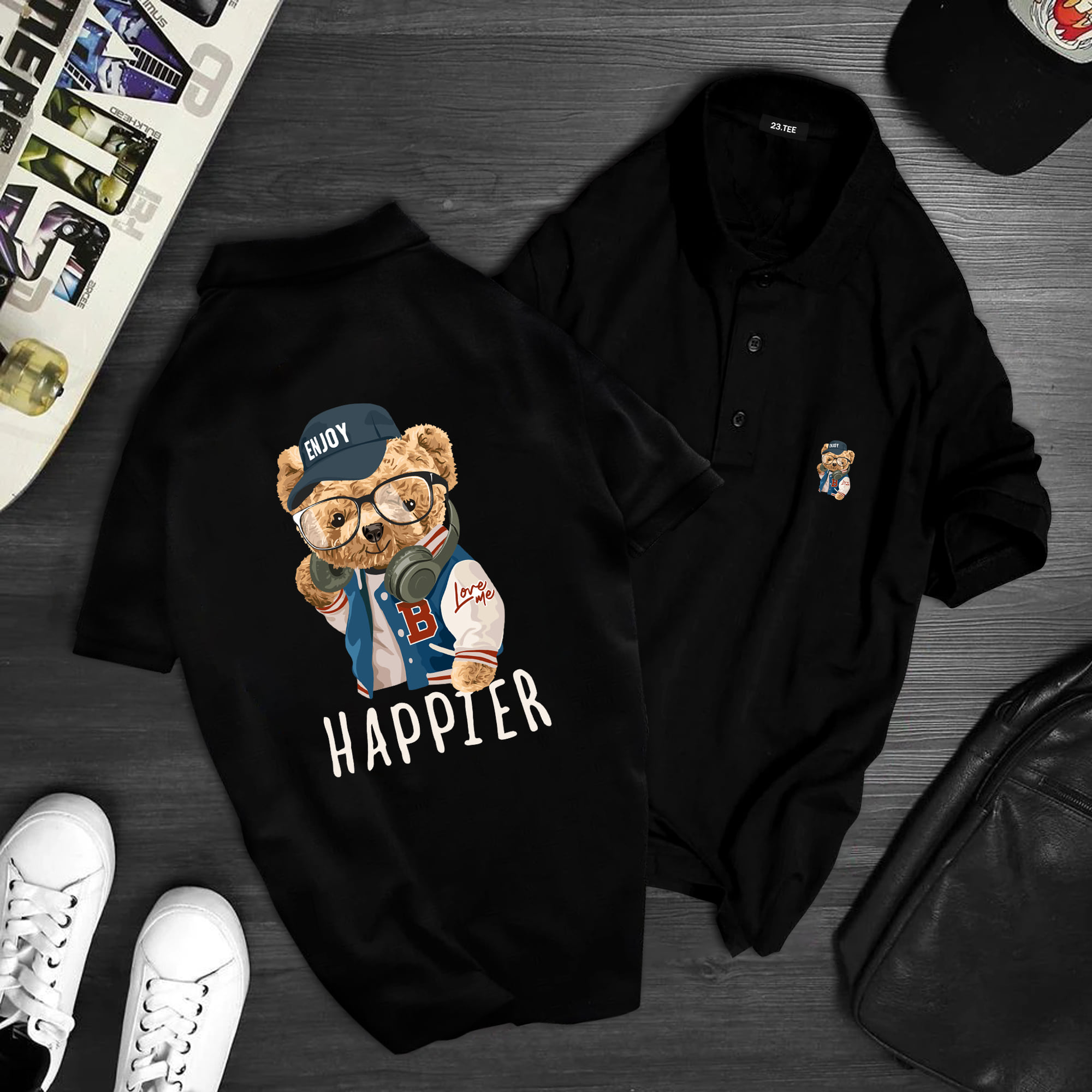 Áo thun cổ trụ cổ bâu Gấu Happier