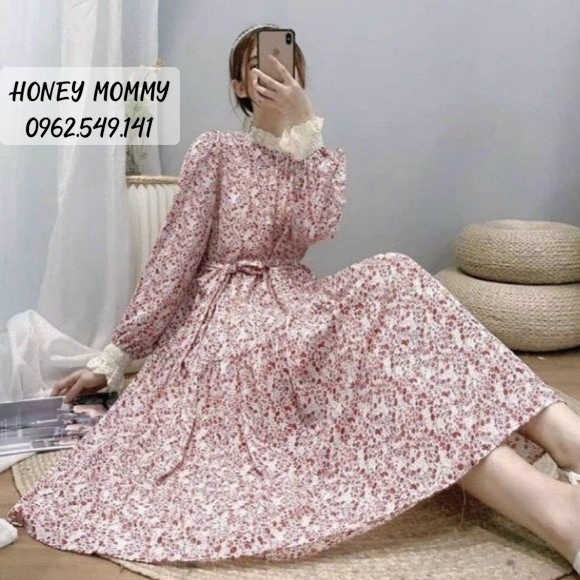 Đầm - váy bầu dáng suông hoa nhí tay dài phối tay cổ đắp ren nhẹ nhàng nữ tính