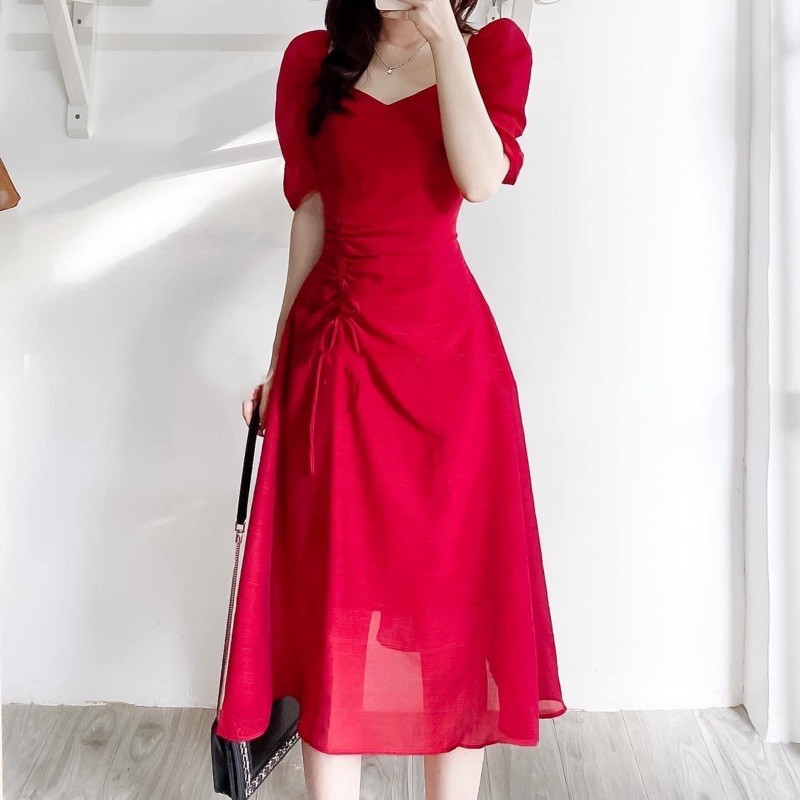 Đầm cổ V tùng rút dây 2 màu