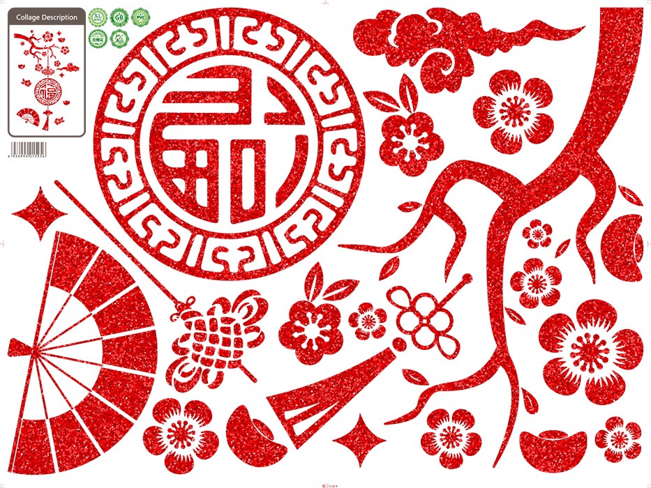 [HCM]Decal trang trí tết - Cành Mai đỏ quạt què đỏ 02