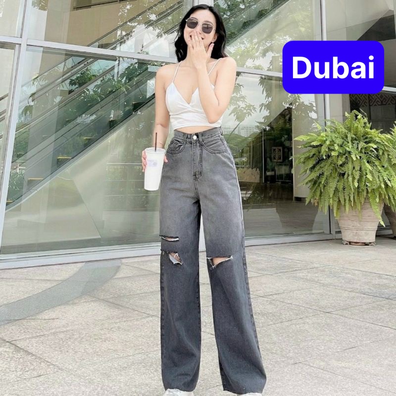 QUẦN JEANS CHẤT BÒ ỐNG SUÔNG RỘNG RÁCH LOANG 2 MÀU ĐEN CẠP CAO DÀI CHÂN SIÊU TÔN DÁNG HOT TREND - DUBAI FASHION