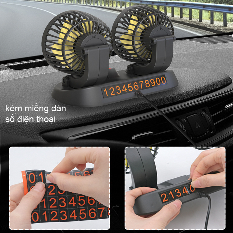 Quạt máy đôi 12v cắm xe ô tô xoay 360 độ điều chỉnh được gió mạnh yếu