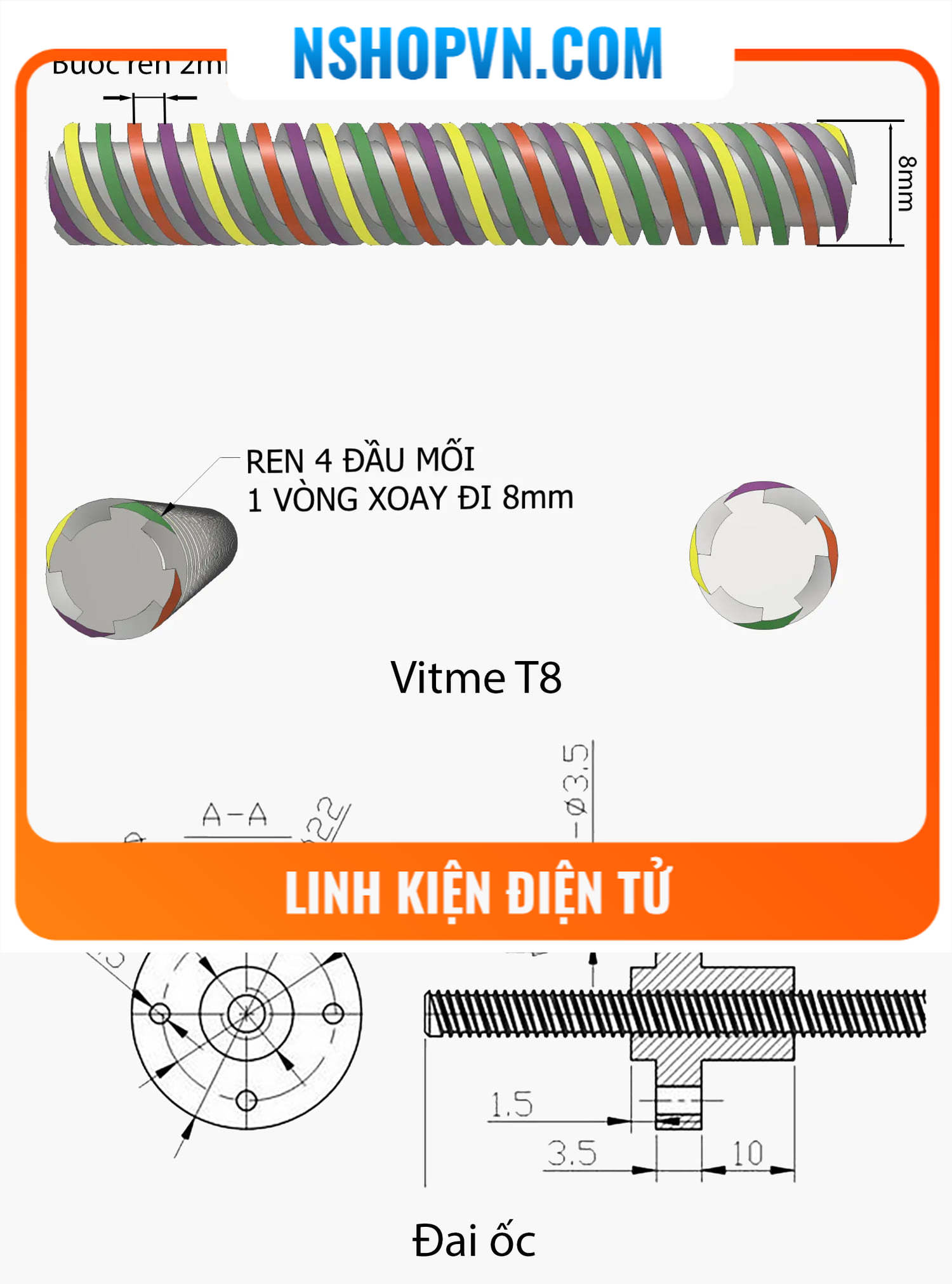 Vitme T8 250mm + Đai ốc